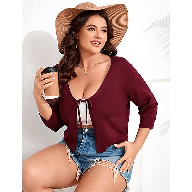 Plus Size Women's Short Knit Cardigan Lightweight Tie Sweater Cover Up Casual Open Front Shrug