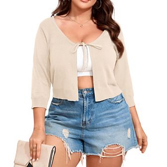 Plus Size Women's Short Knit Cardigan Lightweight Tie Sweater Cover Up Casual Open Front Shrug