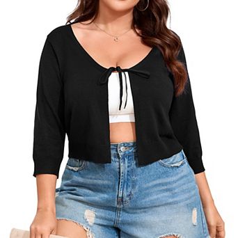 Plus Size Women's Short Knit Cardigan Lightweight Tie Sweater Cover Up Casual Open Front Shrug