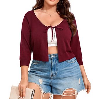 Plus Size Women's Short Knit Cardigan Lightweight Tie Sweater Cover Up Casual Open Front Shrug