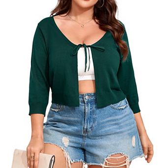 Plus Size Women's Short Knit Cardigan Lightweight Tie Sweater Cover Up Casual Open Front Shrug