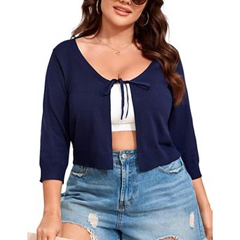 Plus Size Women's Short Knit Cardigan Lightweight Tie Sweater Cover Up Casual Open Front Shrug