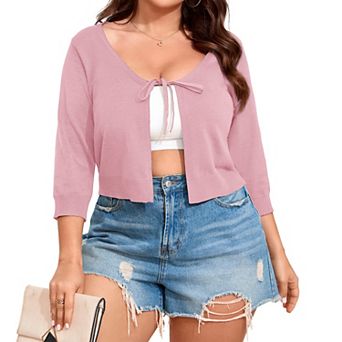 Plus Size Women's Short Knit Cardigan Lightweight Tie Sweater Cover Up Casual Open Front Shrug