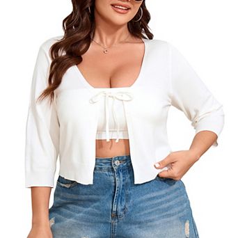 Plus Size Women's Short Knit Cardigan Lightweight Tie Sweater Cover Up Casual Open Front Shrug