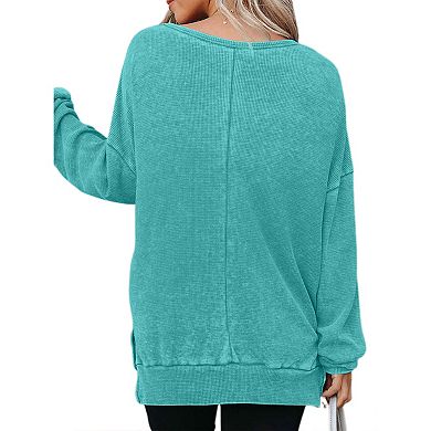 Womens Oversized Waffle Knit Crewneck Sweatshirts Long Sleeve Side Slits Casual Pullover Tops