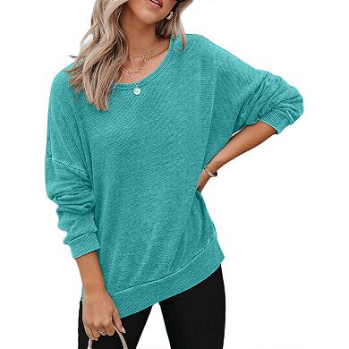 Womens Oversized Waffle Knit Crewneck Sweatshirts Long Sleeve Side Slits Casual Pullover Tops
