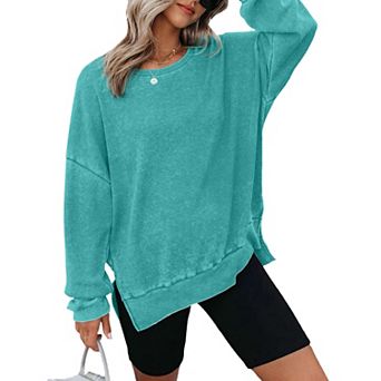 Womens Oversized Waffle Knit Crewneck Sweatshirts Long Sleeve Side Slits Casual Pullover Tops