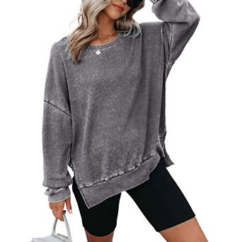 Womens Oversized Waffle Knit Crewneck Sweatshirts Long Sleeve Side Slits Casual Pullover Tops