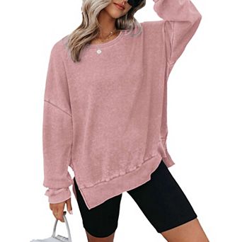 Womens Oversized Waffle Knit Crewneck Sweatshirts Long Sleeve Side Slits Casual Pullover Tops