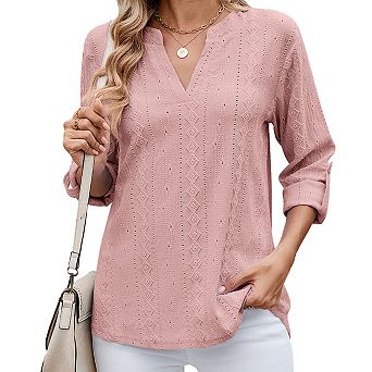 Women's Casual V Neck Shirt Summer Hollow Out 3/4 Sleeve T-Shirt Top