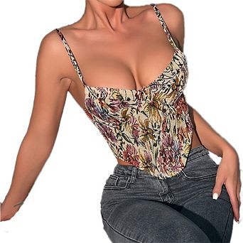 Vintage Floral Camisoles with Zipper Strapped Corset