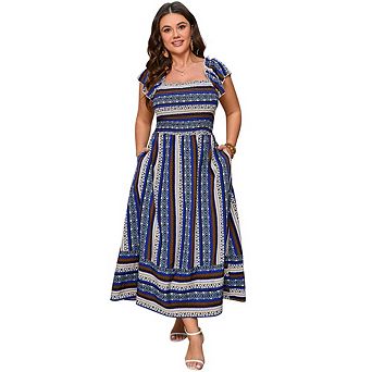 Women Plus Size Maxi Dress Smocked High Waist Boho Style for Summer