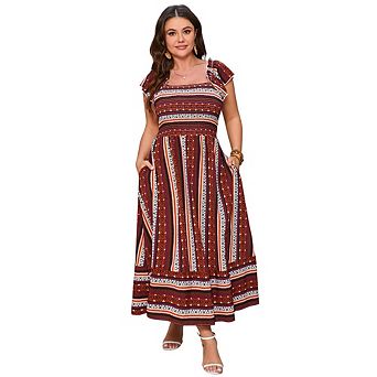 Women Plus Size Maxi Dress Smocked High Waist Boho Style for Summer