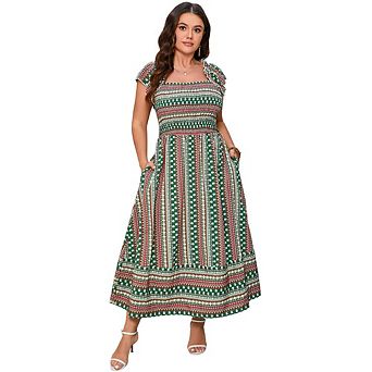 Women Plus Size Maxi Dress Smocked High Waist Boho Style for Summer