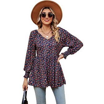 Women's Printed Puff Sleeve Blouse V-Neck Elastic Cuffed Long Sleeve Tunic Top Loose Fit T-Shirt