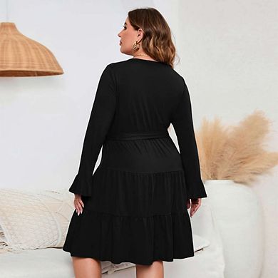 Plus Size Women's Pants - V-Neck Tiered Pants with Bell Sleeves and Waist Tie 7X