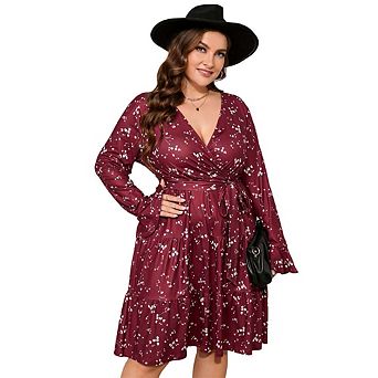Plus Size Women's Maxi Dress - V-Neck Tiered Dress with Bell Sleeves and Waist Tie