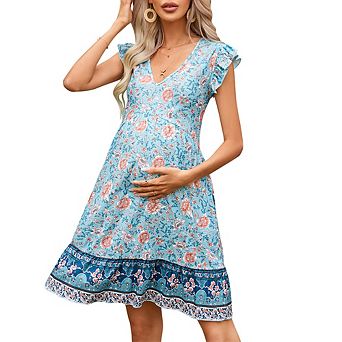 Womens Maternity Flutter Short Sleeve V Neck Floral Babydoll Dress