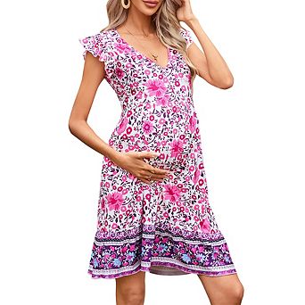 Womens Maternity Flutter Short Sleeve V Neck Floral Babydoll Dress