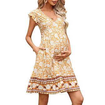 Womens Maternity Flutter Short Sleeve V Neck Floral Babydoll Dress