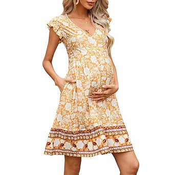 Womens Maternity Flutter Short Sleeve V Neck Floral Babydoll Dress