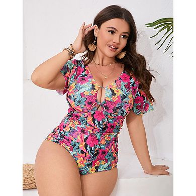 Plus Size Women's One Piece Swimsuit Short Sleeve Printed Bathing Suit Tummy Control Swimwear