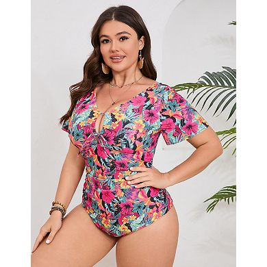 Plus Size Women's One Piece Swimsuit Short Sleeve Printed Bathing Suit Tummy Control Swimwear