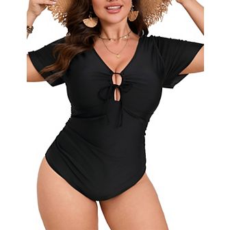 Plus Size Women's One Piece Swimsuit Short Sleeve Printed Bathing Suit Tummy Control Swimwear