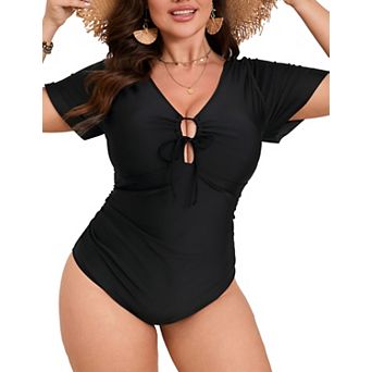 Plus Size Women's One Piece Swimsuit Short Sleeve Printed Bathing Suit Tummy Control Swimwear