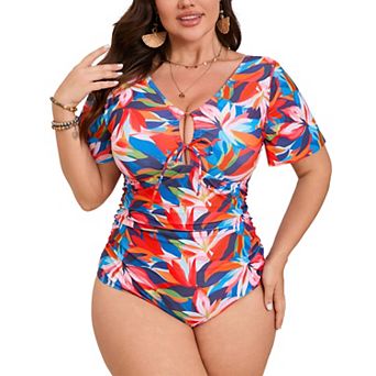 Plus Size Women's One Piece Swimsuit Short Sleeve Printed Bathing Suit Tummy Control Swimwear