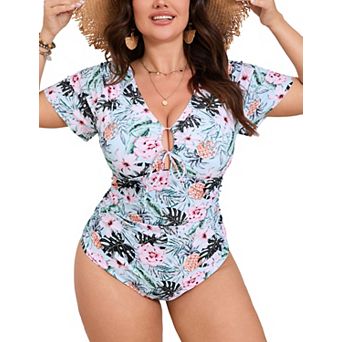 Plus Size Women's One Piece Swimsuit Short Sleeve Printed Bathing Suit Tummy Control Swimwear