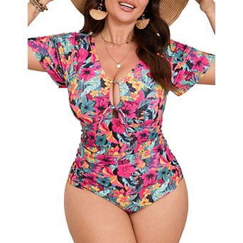 Plus Size Women's One Piece Swimsuit Short Sleeve Printed Bathing Suit Tummy Control Swimwear