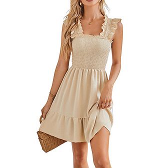 Womens Summer Sleeveless Square Neck Smocked Ruffle Elegant Casual Midi Dresses