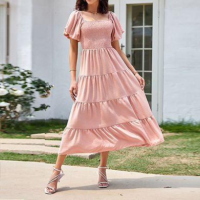 Womens Puff Sleeve Square Neck Ruffled Tiered Smocked Front Wedding Guest Midi Dress