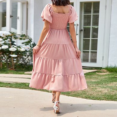 Womens Puff Sleeve Square Neck Ruffled Tiered Smocked Front Wedding Guest Midi Dress