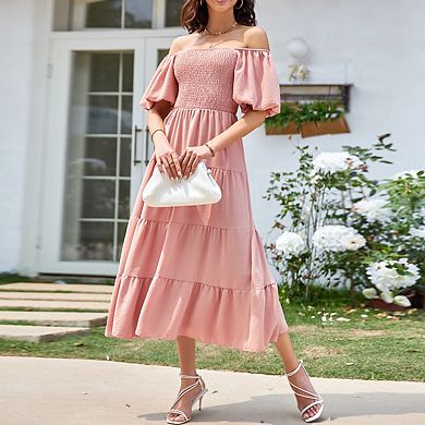 Womens Puff Sleeve Square Neck Ruffled Tiered Smocked Front Wedding Guest Midi Dress