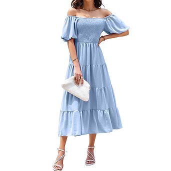 Womens Puff Sleeve Square Neck Ruffled Tiered Smocked Front Wedding Guest Midi Dress