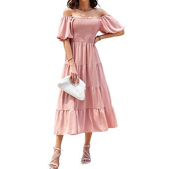 Womens Puff Sleeve Square Neck Ruffled Tiered Smocked Front Wedding Guest Midi Dress
