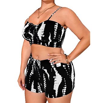 Plus Size Women Bikini Set Two Piece High Waist Swimsuit Tie Front Top Tummy Control Suit Swimwear