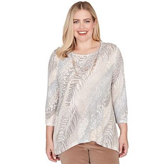 Plus Size Alfred Dunner Diagonal Animal Print Top with Necklace