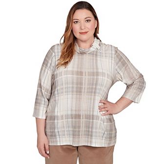 Plus Size Alfred Dunner Draped Cowl Neckline Plaid Knit Top