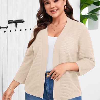 Plus Size Women's Lightweight Knit Cardigan 3/4 Sleeve Cover Up Casual Open Front Sweater Cardigan