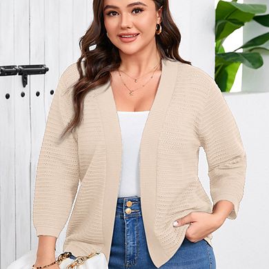 Plus Size Women's Lightweight Knit Cardigan 3/4 Sleeve Cover Up Casual Open Front Sweater Cardigan