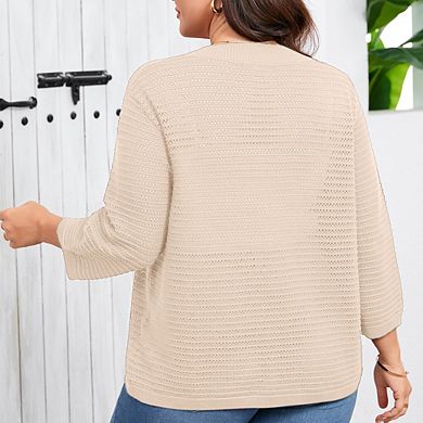 Plus Size Women's Lightweight Knit Cardigan 3/4 Sleeve Cover Up Casual Open Front Sweater Cardigan