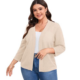 Plus Size Women's Lightweight Knit Cardigan 3/4 Sleeve Cover Up Casual Open Front Sweater Cardigan