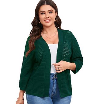 Plus Size Women's Lightweight Knit Cardigan 3/4 Sleeve Cover Up Casual Open Front Sweater Cardigan