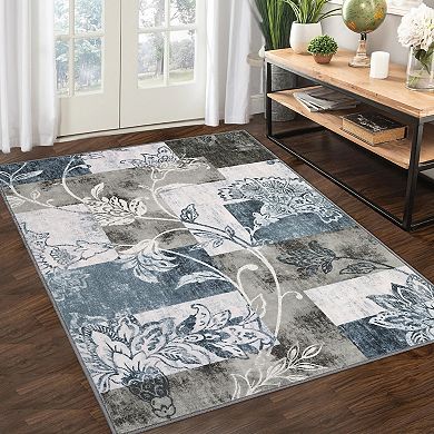 Garvee Modern Floral Print Machine Washable Non Slip Foldable Area Rug for Living Room Bedroom