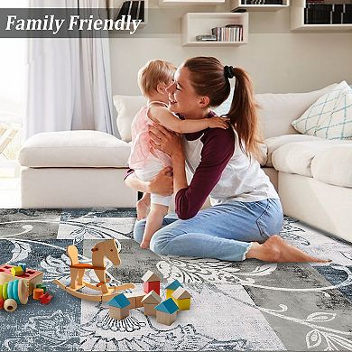 Garvee Modern Floral Print Machine Washable Non Slip Foldable Area Rug for Living Room Bedroom