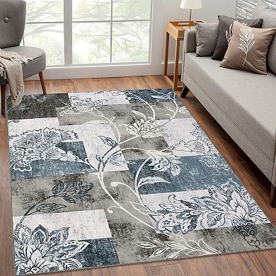Garvee Modern Floral Print Machine Washable Non Slip Foldable Area Rug for Living Room Bedroom