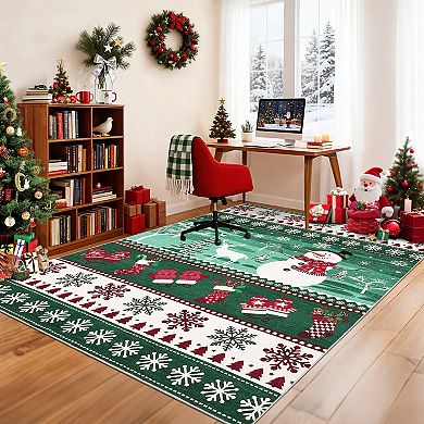 Garvee Christmas Area Rug Festive Snowflake Snowman & Reindeer Print Washable Non Slip Rug for Home
